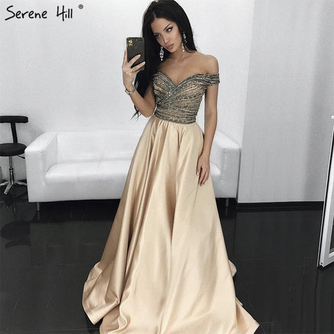 Off shouler Sexy Beading  Fashion Luxury A-Line Prom Dress  Diamond Crystal Satin Evening Party Dresses 2025 LA6252