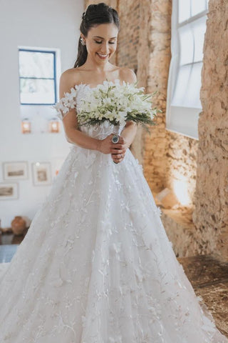 Elegant White Long A-line Off the Shoulder Tulle Floral Lace Wedding Dress