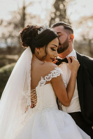 Off the shoulder White Garden Ball Gown Wedding Dress