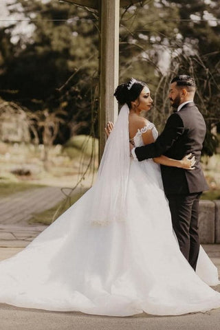 Off the shoulder White Garden Ball Gown Wedding Dress