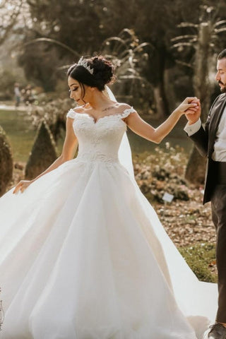 Off the shoulder White Garden Ball Gown Wedding Dress