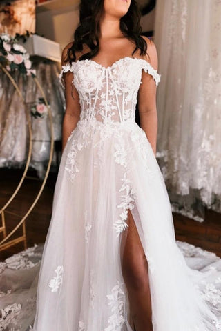 Off the shoulder high split A-line Lace Wedding Dress