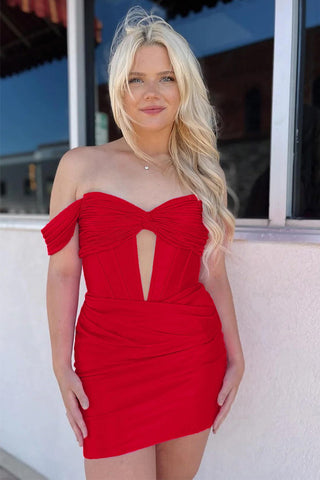 Vestido de cóctel ajustado fucsia con hombros descubiertos para fiesta de bienvenida PD559