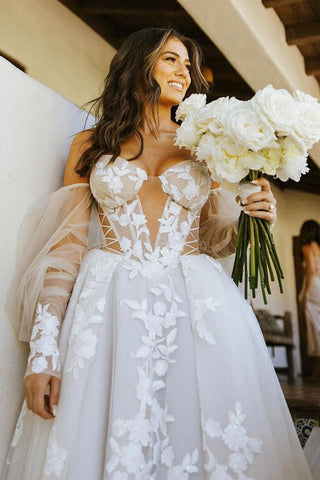 Off The Shoulder Long Sleeves Lace Appliques Bohemian Wedding Dress WD611
