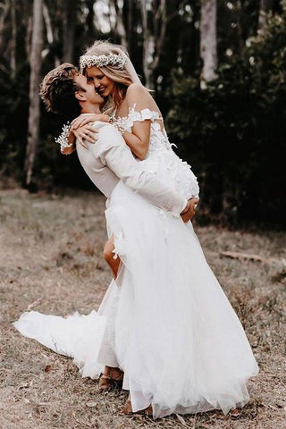 Off the Shoulder Ball Gown White Tulle Wedding Dresses with Applique  WD561