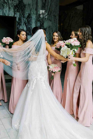 Off the Shoulder Pink Bridesmaid Dress with Slit VMB75