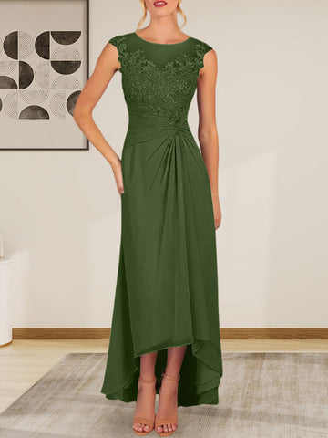 Vestido de gasa de encaje color champán, corte en A, escote redondo