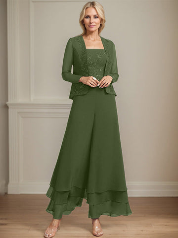 Separates Jumpsuit/Pantsuit Square Ankle-Length Lace Chiffon Mother of the Bride Dress With Sequins