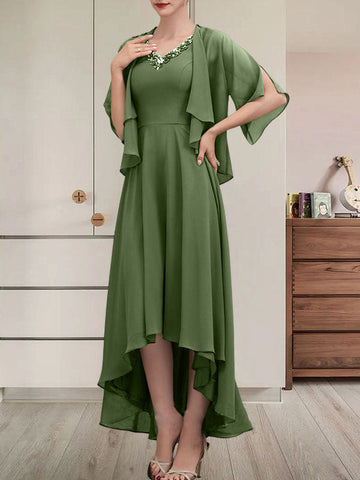 A-line V-Neck Asymmetrical Chiffon Mother of the Bride Dress With Beading Sequins