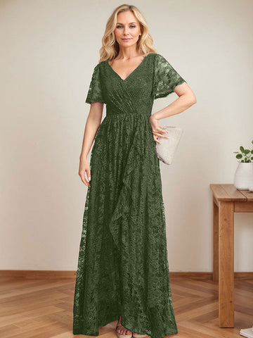 Vestido de novia de encaje asimétrico con escote en V y corte en A para la madre de la novia, con volantes en cascada. 