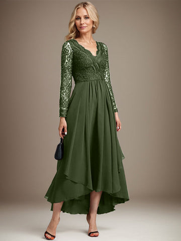 A-line V-Neck Asymmetrical Lace Chiffon Mother of the Bride Dress