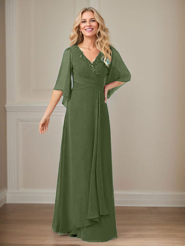 A-Line V-Neck Long Sequins Chiffon Mother Dress