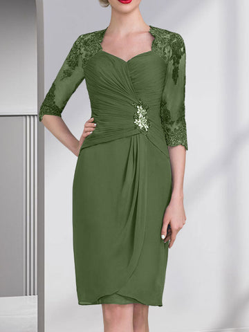 Sheath/Column Sweetheart Knee-Length Chiffon Mother of the Bride Dress With Beading Appliques Lace Sequins Pleated