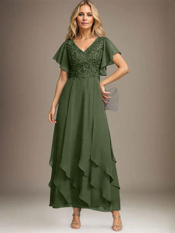 A-line V-Neck Ankle-Length Lace Chiffon Mother of the Bride Dress With Cascading Ruffles