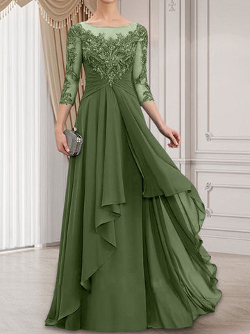 A-line Scoop Illusion Floor-Length Lace Chiffon Mother of the Bride Dress With Cascading Ruffles