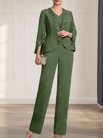 Separates Jumpsuit/Pantsuit V-Neck Floor-Length Chiffon Mother of the Bride Dress