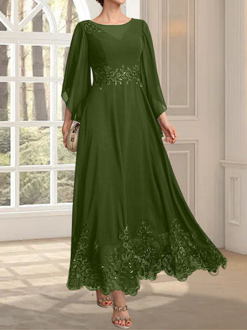 A-line Scoop Illusion Ankle-Length Lace Chiffon Mother of the Bride Dress With Sequins