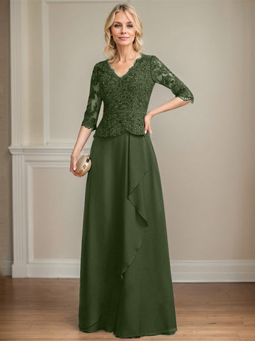 A-line V-Neck Floor-Length Lace Chiffon Mother of the Bride Dress With Cascading Ruffles Sequins
