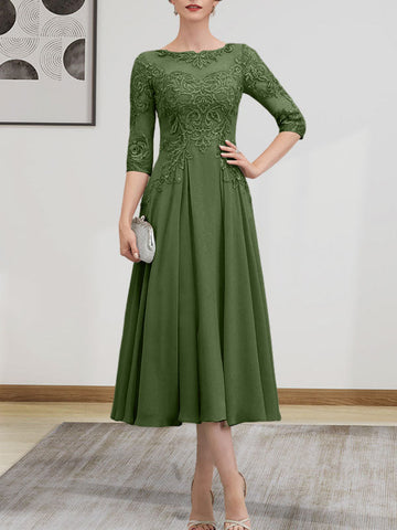 A-line Scoop Illusion Tea-Length Chiffon Lace Mother of the Bride Dress With Beading Sequins