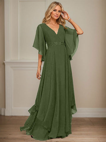A-line V-Neck Floor-Length Chiffon Mother of the Bride Dress With Sequins Appliques Lace Beading