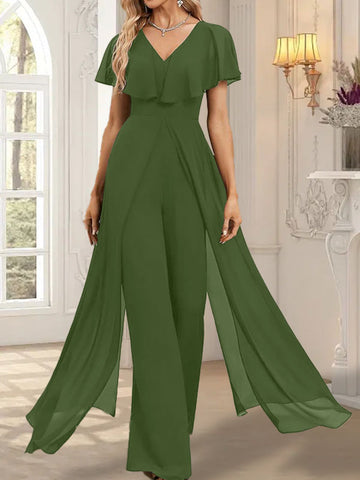 Jumpsuit/Pantsuit V-Neck Floor-Length Chiffon Evening Dress