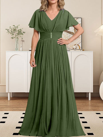 A-line V-Neck Floor-Length Chiffon Mother of the Bride Dress With Crystal Brooch Pleated