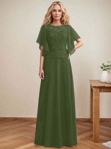 A-line Scoop Illusion Floor-Length Lace Chiffon Mother of the Bride Dress With Sequins