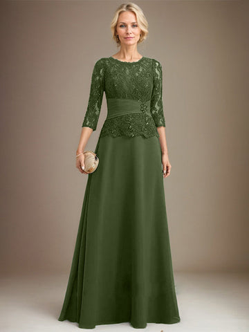 A-line Scoop Illusion Floor-Length Chiffon Lace Mother of the Bride Dress With Pleated Sequins Beading