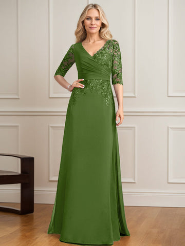 A-line V-Neck Floor-Length Lace Chiffon Mother of the Bride Dress With Pleated Sequins