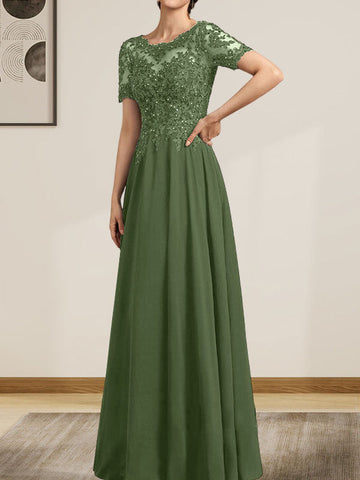 A-line Scoop Illusion Floor-Length Chiffon Lace Mother of the Bride Dress With Sequins Beading