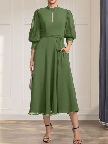 A-line High Neck Tea-Length Lace Chiffon Mother of the Bride Dress With Bow