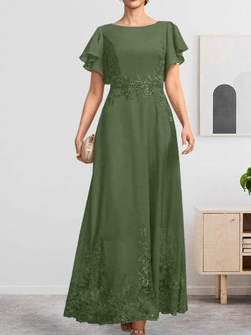 A-line Scoop Ankle-Length Lace Chiffon Mother of the Bride Dress With Sequins