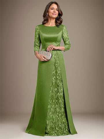 A-Line Scoop Floor-Length Lace Satin Mother Of the Bride Dress With Applique