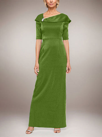 Long Shimmer Column Dress with Foldover Cuff L-Neckline and Elbow Sleeves