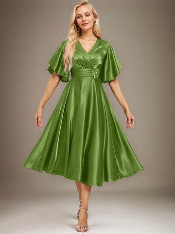 A-line V-Neck Tea-Length Stretch Satin Mother of the Bride Dress With Beading Pleated