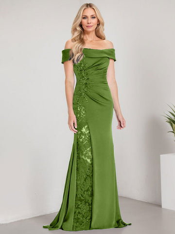 A-Line Off the Shoulder Floor-Length Mother of the Bride Dress Applique Beadings Mermaid Dress With  High Split