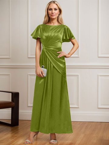 A-line Scoop Ankle-Length Stretch Satin Mother of the Bride Dress With Pleated Beading
