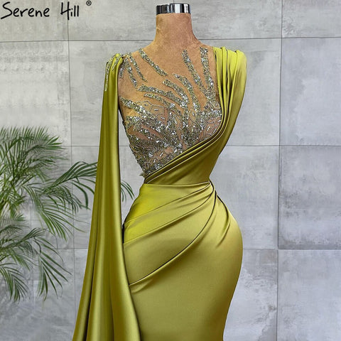 Olive Green Mermaid Satin Evening Dresses Gowns 2025 Elegant Beaded Cape Sleeve For Women Party LA71283