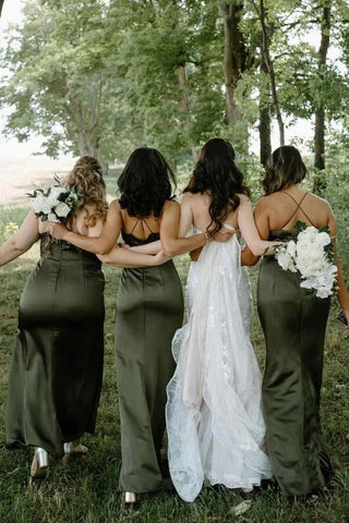 Olive Satin Sheath Cowl Neck Spaghetti Straps Long Bridesmaid Dresses