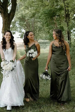 Olive Satin Sheath Cowl Neck Spaghetti Straps Long Bridesmaid Dresses