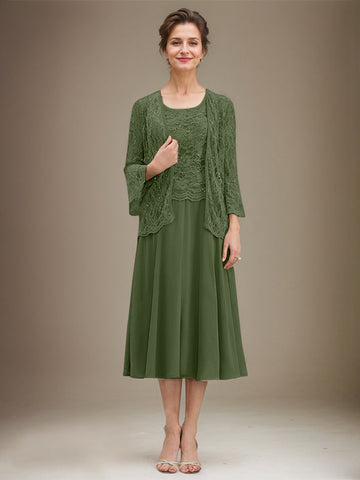 A-line Scoop Tea-Length Lace Chiffon Mother of the Bride Dress With Sequins