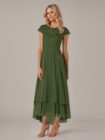 A-line Boat Neck Illusion Asymmetrical Chiffon Lace Mother of the Bride Dress With Applique Pleats