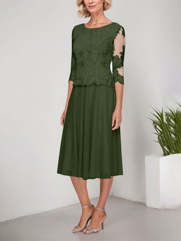 A-line Scoop Tea-Length Lace Chiffon Mother of the Bride Dress With Embroidery