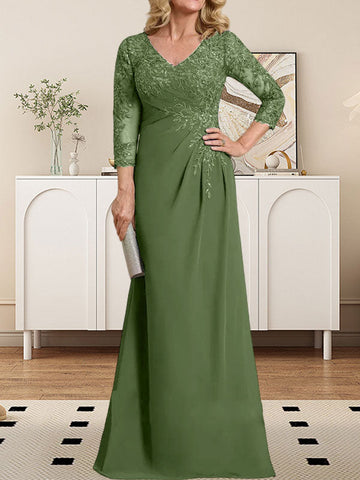 Sheath/Column V-Neck Illusion Floor-Length Lace Chiffon Mother of the Bride Dress With Pleated Sequins