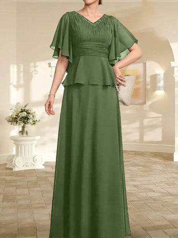 A-line V-Neck Floor-Length Chiffon Mother of the Bride Dress With Pleated Beading