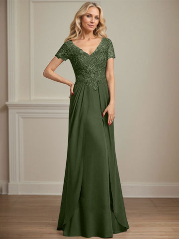 A-line V-Neck Floor-Length Chiffon Lace Mother of the Bride Dress