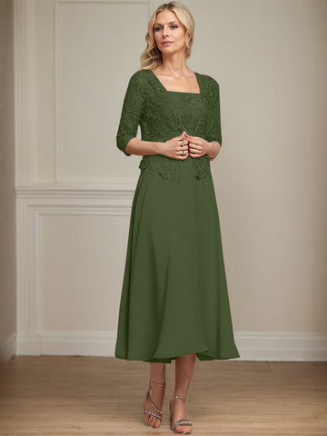 A-line Square Tea-Length Chiffon Lace Mother of the Bride Dress With Sequins Beading