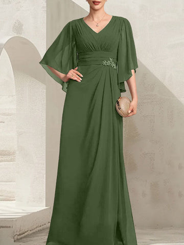Sheath/Column V-Neck Floor-Length Chiffon Mother of the Bride Dress With Pleated Sequins Beading