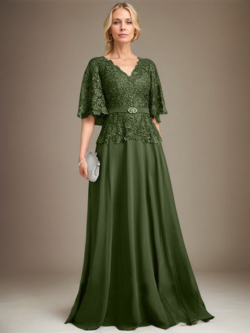 A-line V-Neck Floor-Length Chiffon Lace Mother of the Bride Dress With Crystal Brooch Rhinestone
