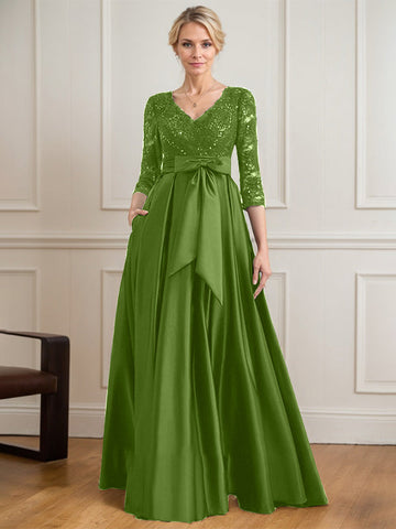 A-line V-Neck Floor-Length Satin Lace Mother of the Bride Dress With Sequins Bow